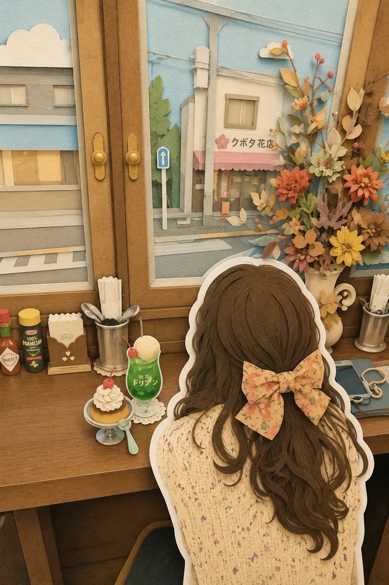 纸质工艺立体场景画，日本咖啡馆场景，长长的波浪棕色发丝并戴着花结发饰的女孩坐在木质桌前，背面视角，桌上摆放着绿色奶油苏打漂浮饮和布丁甜点，纸艺剪贴花束，窗外可见日本街景，花店招牌写着“クボタ花...