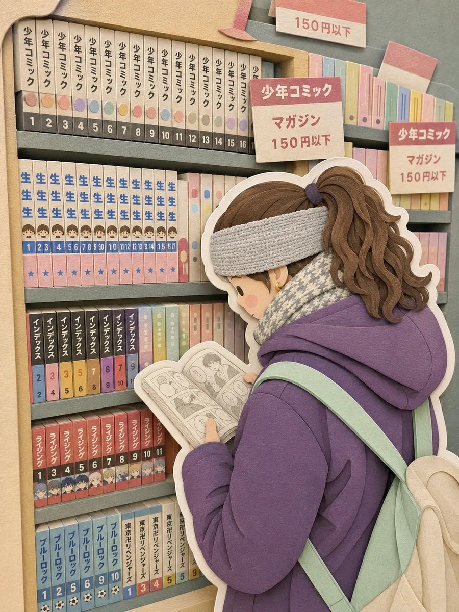 纸质工艺立体场景画，日本咖啡馆场景，长长的波浪棕色发丝并戴着花结发饰的女孩坐在木质桌前，背面视角，桌上摆放着绿色奶油苏打漂浮饮和布丁甜点，纸艺剪贴花束，窗外可见日本街景，花店招牌写着“クボタ花...