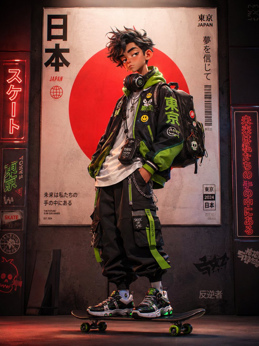 超精细赛博朋克动漫街头服饰人像：一位时尚年轻的日本滑板女孩，在夜晚的未来东京小巷中自信地站在一块滑板上。她身穿一件黑色超大科技风轰炸机夹克，配以霓虹绿色点缀、图案补丁、链条、绑带以及未来感配饰...