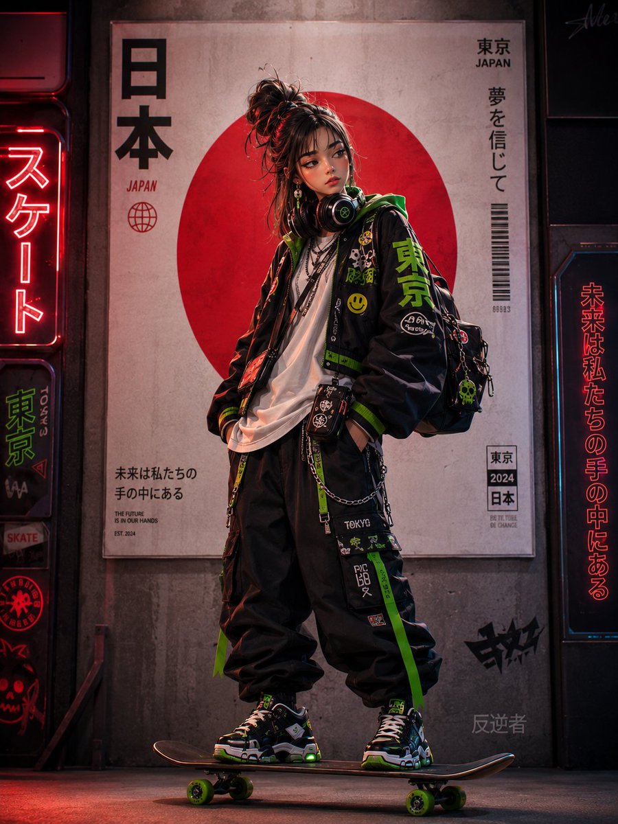 超精细赛博朋克动漫街头服饰人像：一位时尚年轻的日本滑板女孩，在夜晚的未来东京小巷中自信地站在一块滑板上。她身穿一件黑色超大科技风轰炸机夹克，配以霓虹绿色点缀、图案补丁、链条、绑带以及未来感配饰...