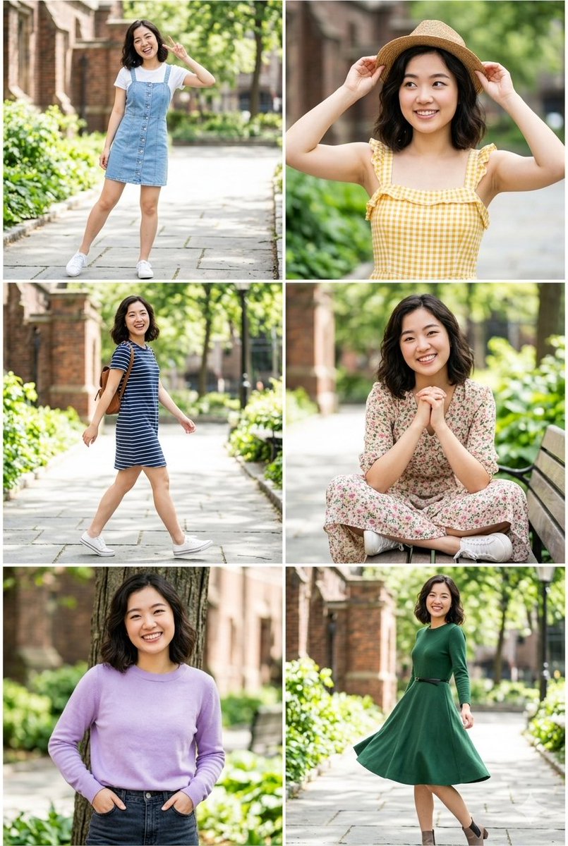 六张风格各异的户外人像拼贴，画面中是同一位年轻东亚女性，留着齐肩的深棕色波浪卷发，笑容明亮而欢快。她在阳光明媚、绿意盎然的校园或公园环境中拍摄，背景中历史悠久的红砖建筑被柔和地虚化。每一格都展...