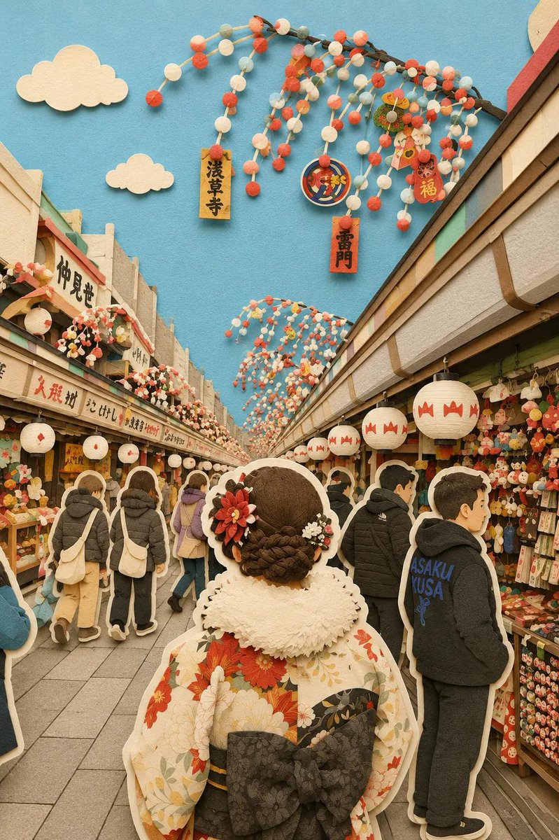 奇思妙想的分层剪纸立体场景,手工打造的3D纸艺世界,惬意的日本旅行场景,超精细的剪纸插画,柔和的马卡龙色系,毛毡与卡纸质感,可见纵深的层叠纸张,迷人的微缩小镇美学,童话故事书般的氛围。 场景:...