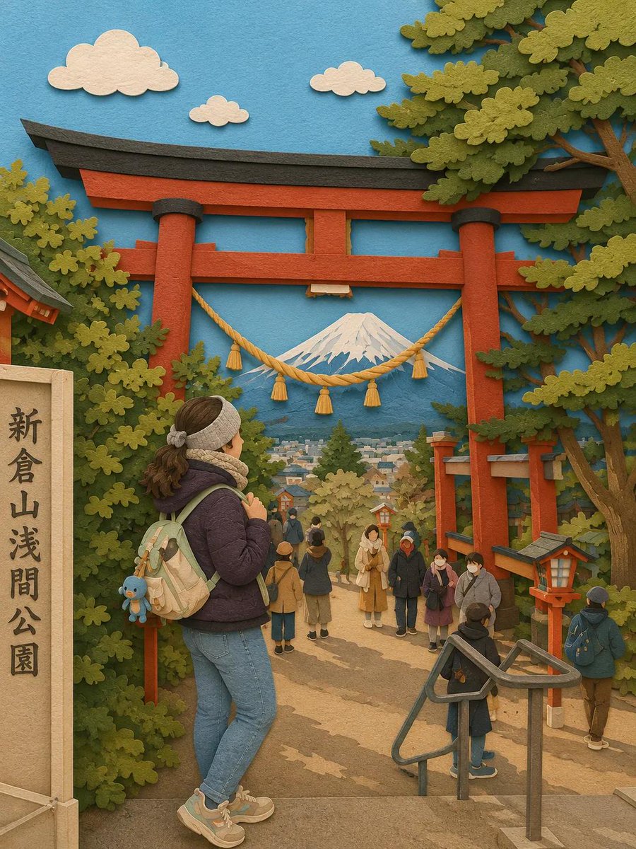 奇思妙想的分层剪纸立体场景,手工打造的3D纸艺世界,惬意的日本旅行场景,超精细的剪纸插画,柔和的马卡龙色系,毛毡与卡纸质感,可见纵深的层叠纸张,迷人的微缩小镇美学,童话故事书般的氛围。 场景:...