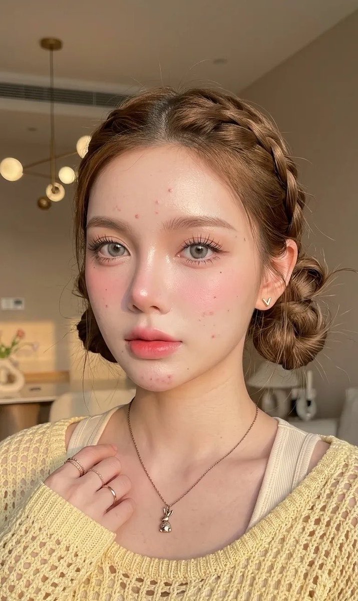 一张年轻女性的特写肖像，她长着爆痘的肌肤，脸部和下巴上有一些痘印和零星的小痘痘，却依然散发着自然的美感。她拥有白皙、自然焕发光彩的肌肤，质地光滑透亮，整体妆感清新、富有光泽。妆容采用柔和的自然...