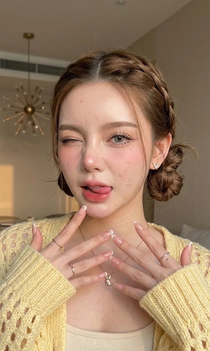 一张年轻女性的特写肖像，她长着爆痘的肌肤，脸部和下巴上有一些痘印和零星的小痘痘，却依然散发着自然的美感。她拥有白皙、自然焕发光彩的肌肤，质地光滑透亮，整体妆感清新、富有光泽。妆容采用柔和的自然...