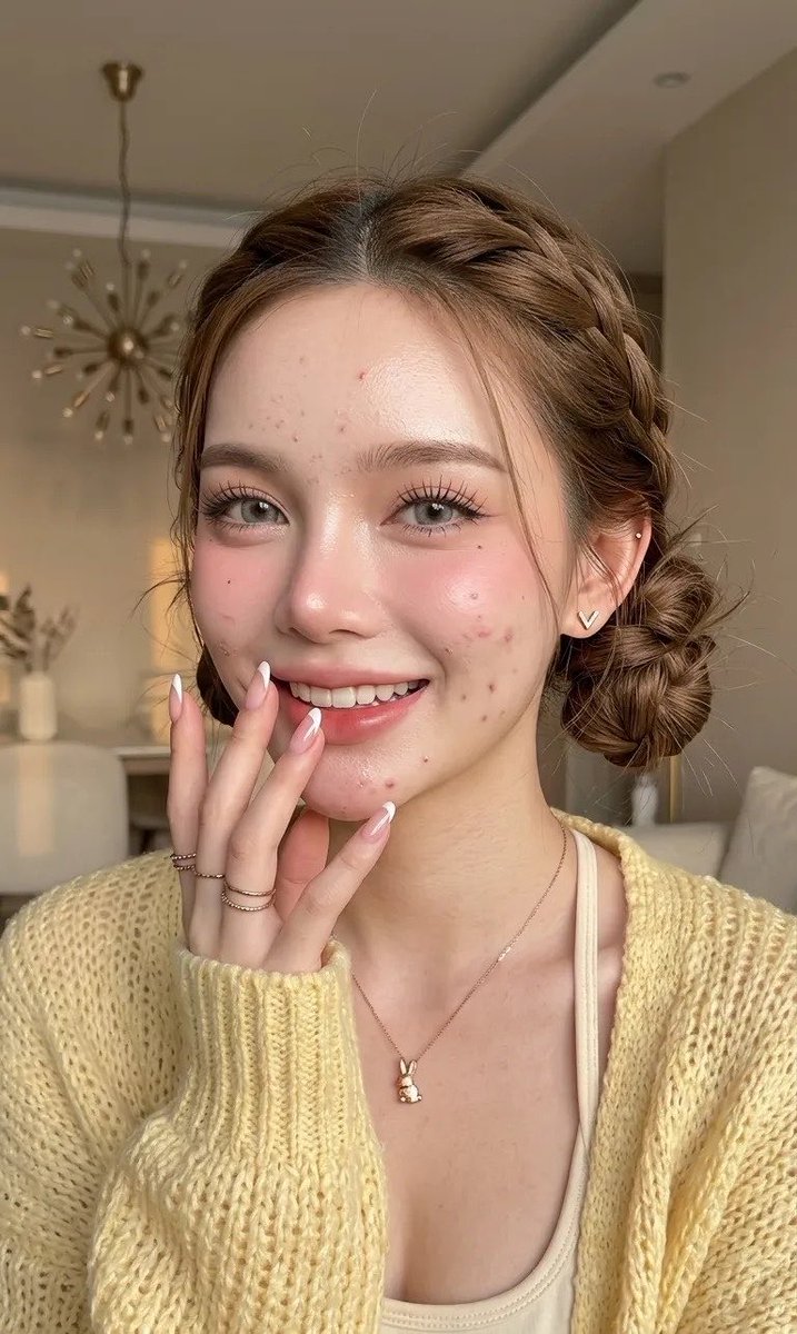 一张年轻女性的特写肖像，她长着爆痘的肌肤，脸部和下巴上有一些痘印和零星的小痘痘，却依然散发着自然的美感。她拥有白皙、自然焕发光彩的肌肤，质地光滑透亮，整体妆感清新、富有光泽。妆容采用柔和的自然...