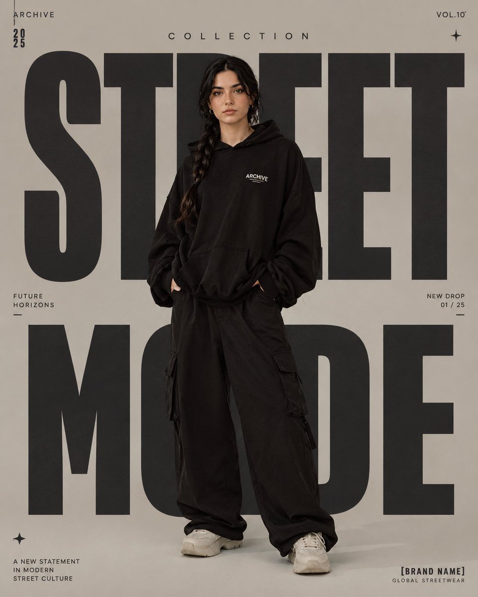 为 [BRAND NAME] 创作一张高端高级时装编辑风格海报。 主题： [STREETWEAR / FASHION COLLECTION / EDITORIAL CAMPAIGN] 风格与艺...