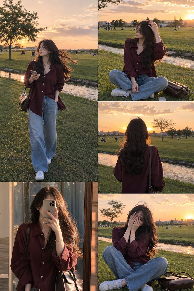 超写实生活方式时尚拼贴画，美丽的年轻女子在夕阳金辉时刻的开阔绿意公园中，柔和温暖的阳光，电影感自然光，韩系美学时尚氛围，身着深酒红色超大号纽扣衬衫、浅蓝色阔腿牛仔裤、白色运动鞋，斜挎一只深棕色...