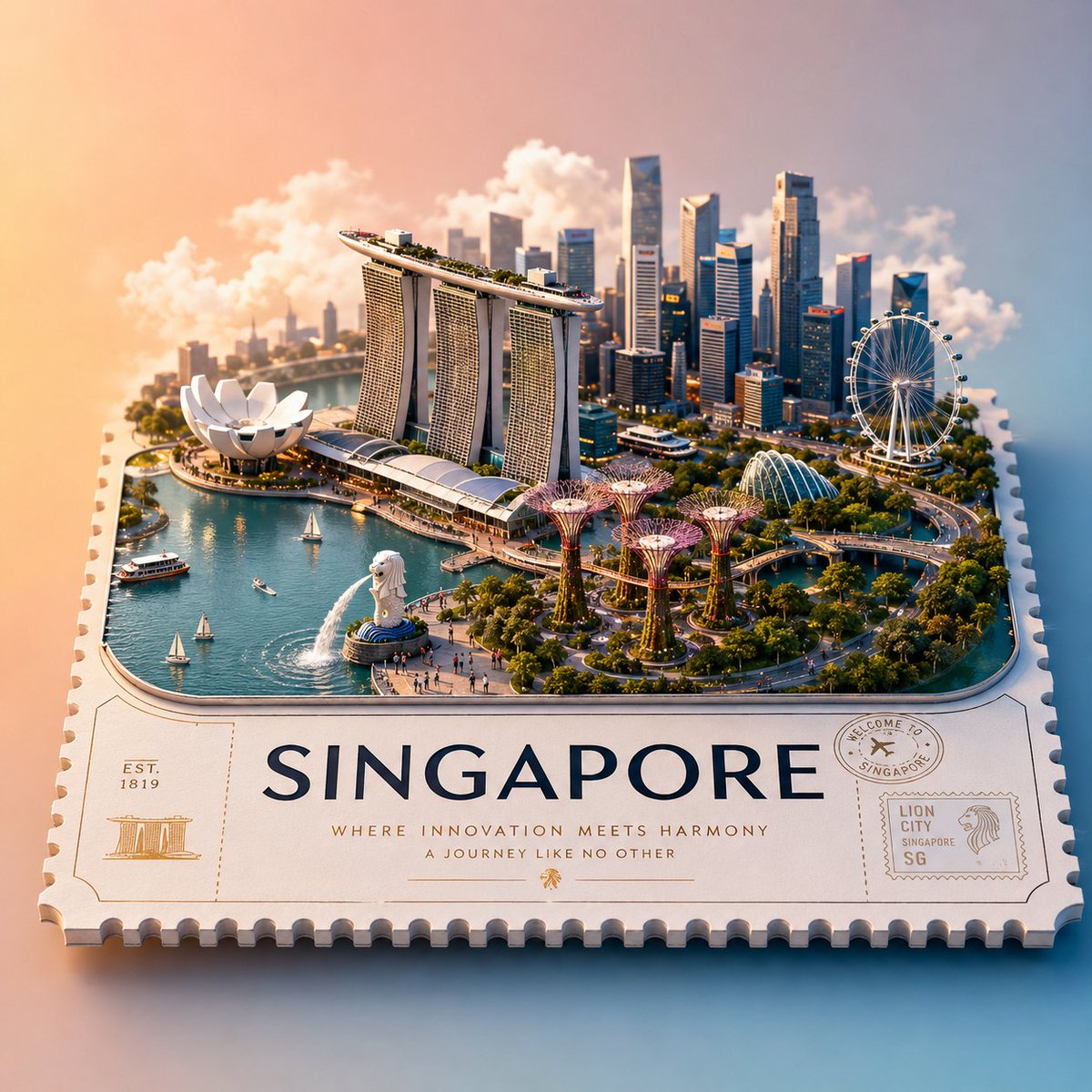 创建一个高端风格化的3D等距旅行海报，主题为[LOCATION NAME]，设计为一个漂浮的微缩世界，放置在一张带有打孔边缘的大型票券、明信片或邮票平台上。 自动包含与该地点相关的最具标志性的...