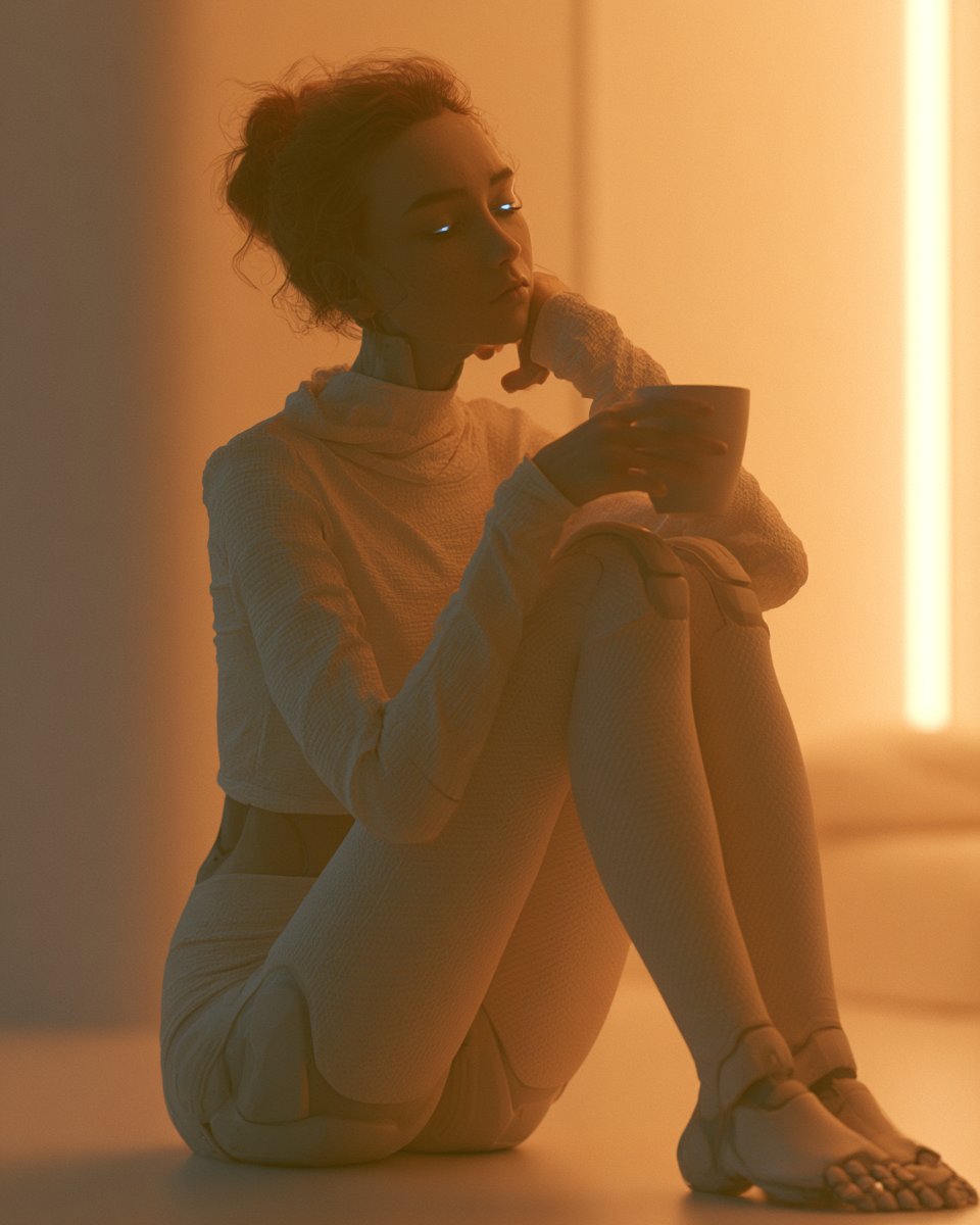超写实女性机器人坐在未来主义极简公寓中，啜饮数字咖啡，环境光线平静安宁，眼睛发出微光半闭，神态平和宁静 --ar 4:5 --v 8.1 #tischeins #promptshare #ti...