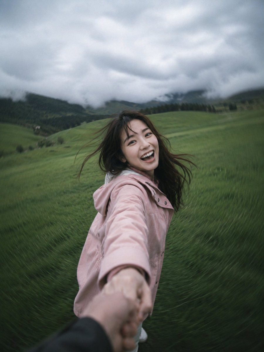 超写实抓拍照片，竖版 3:4 比例，第一人称视角（POV），在多云阴郁的天气下于一片广阔的草地里牵手旋转。边缘有强烈的径向运动模糊，中心焦点锐利，情绪化、无忧无虑的电影感氛围。请使用参考照片。...