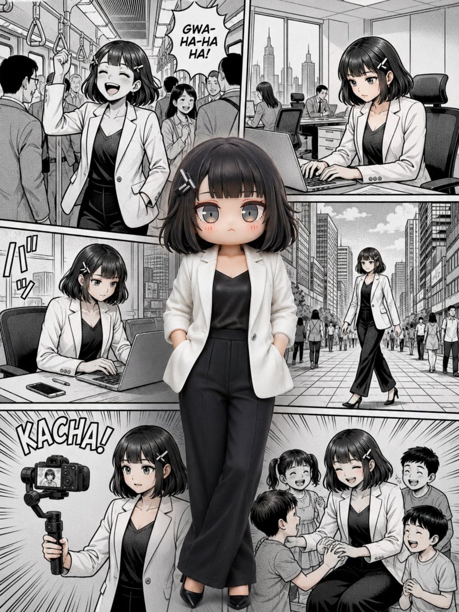 超写实全身肖像：一位自信的年轻职业女性站在巨型漫画/连环画拼贴背景中央。女性是唯一的彩色主体,而整个背景保持细节丰富的黑白漫画艺术风格。她有着中等长度的波浪状深红棕色头发、柔和的面部轮廓、暖色...