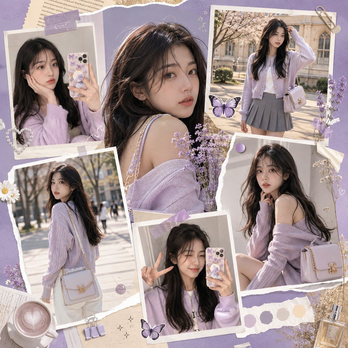 创作一幅充满活力的时尚拼贴广告，灵感源自现代韩风（K-fashion）与 Z 世代社交媒体美学。背景采用淡紫色（浅紫）搭配奶白与柔和金色点缀。同一位大学女生以多种潮流穿搭与俏皮姿势出镜。包含自...