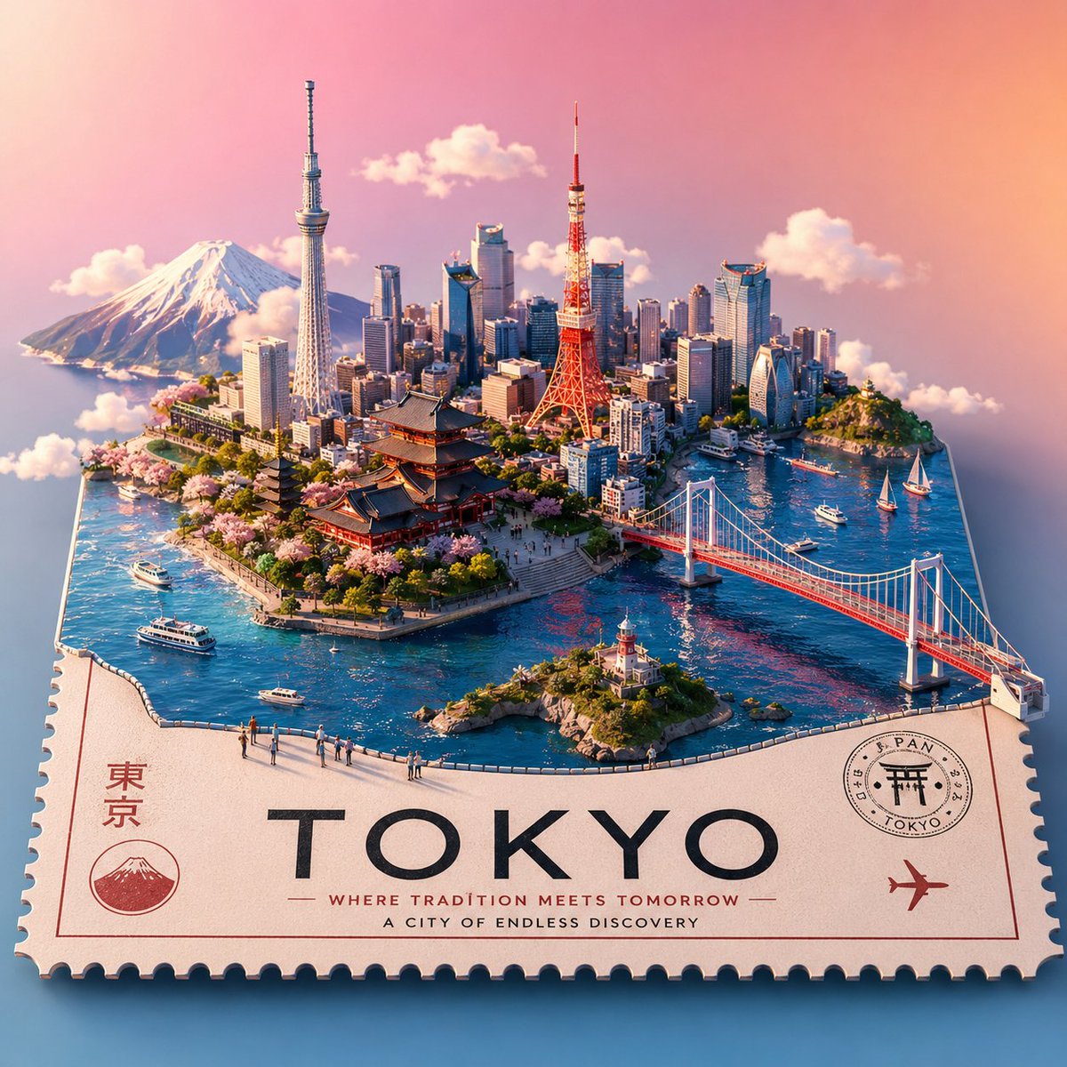 创建一张高端风格化的3D等距旅行海报，展示[城市名称]，设计为一个漂浮的微型世界，放置在一个带有穿孔边缘的大型票券、明信片或邮票平台上。自动包含与该地点相关的最具标志性的海岸地标、天际线、建筑...