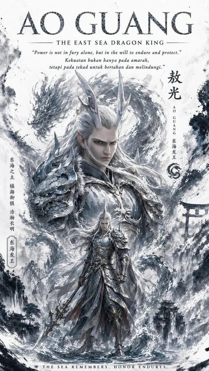 奇幻史诗书籍封面艺术——敖闰，西海龙王。威严中性化的中国龙王，长长飘逸的蓝色长发，发光的红眼睛，华丽的水晶蓝龙角，额间蓝色宝石。身穿由水与冰构成的精致飘逸的蓝色与银色盔甲长裙，屹立于汹涌的海浪...