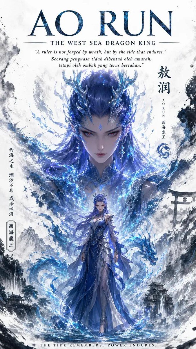 奇幻史诗书籍封面艺术——敖闰，西海龙王。威严中性化的中国龙王，长长飘逸的蓝色长发，发光的红眼睛，华丽的水晶蓝龙角，额间蓝色宝石。身穿由水与冰构成的精致飘逸的蓝色与银色盔甲长裙，屹立于汹涌的海浪...