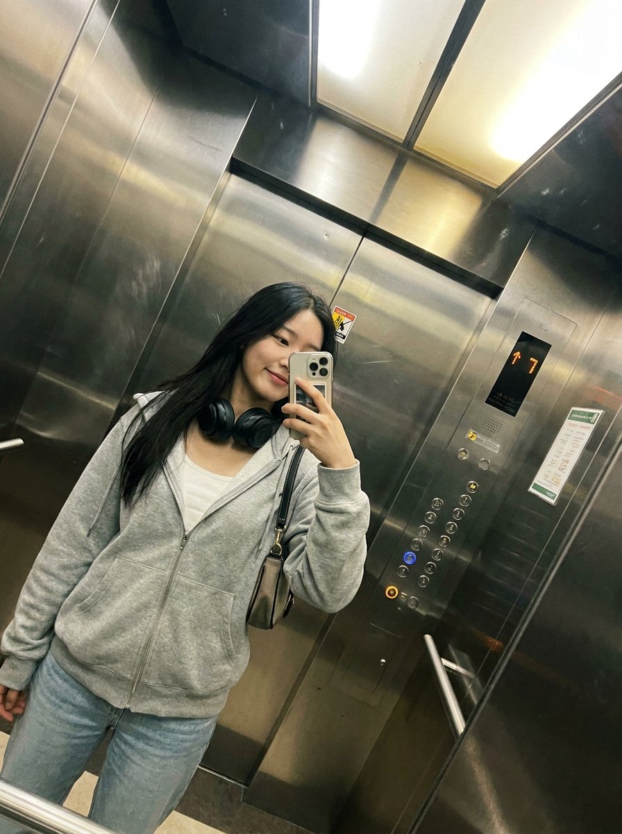 极其美丽的纤瘦韩国女性, 纤细优雅的身材比例, 黑色长直发，略显凌乱, 自然的皮肤质感，不过度修饰, 柔和而自信的表情，放松中略带严肃, 手持智能手机拍摄镜面自拍，一只手撩起或触碰头发, 现代...