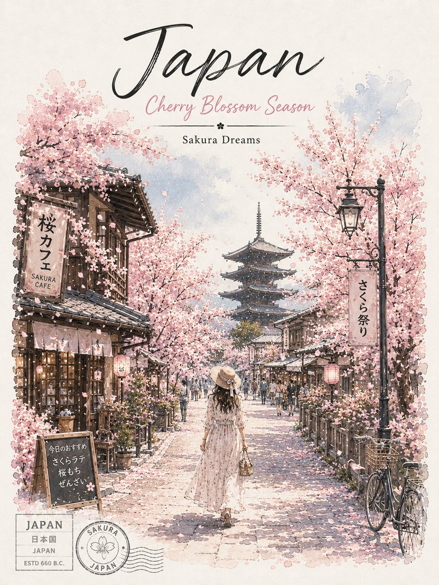一幅梦幻复古风格的日本北海道旅行海报插画，灵感源自柔和的水彩与水墨旅行艺术美学。画面中，富良野无尽盛开的薰衣草田以整齐的鲜艳紫色花海排列，向地平线延伸。画面中央，一位身穿飘逸奶白色夏装连衣裙、...