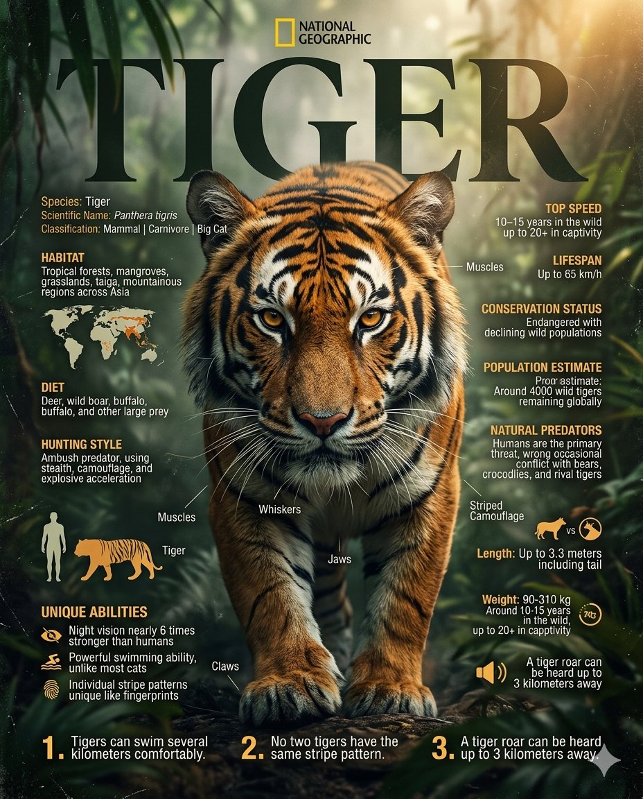 GPT Image 2 动物信息图海报 🐾✨ 提示词👇🏻 "搜索网络以获取有关 [ANIMAL] 的详细信息，包括其栖息地、饮食、狩猎行为、身体特征、寿命、速度、体重、种群数量现状、天敌、独特...