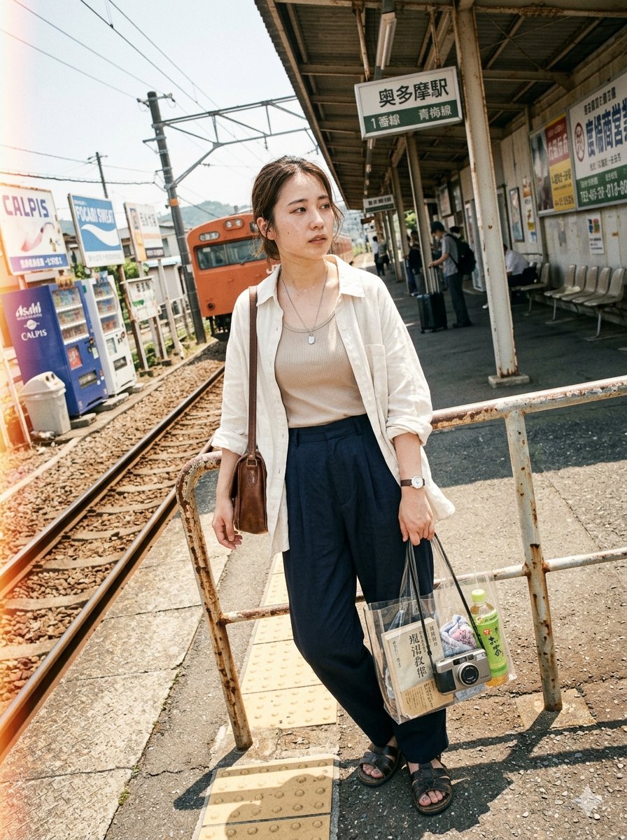 超写实时尚编辑摄影：一位年轻女子在日本夏日酷暑中，独自等候于宁静的乡间火车站台。她身着宽松亚麻衬衫，内搭罗纹背心，下着宽松百褶长裤与做旧皮革凉鞋，背复古单肩包，佩银色吊坠项链与机械腕表，手提一...