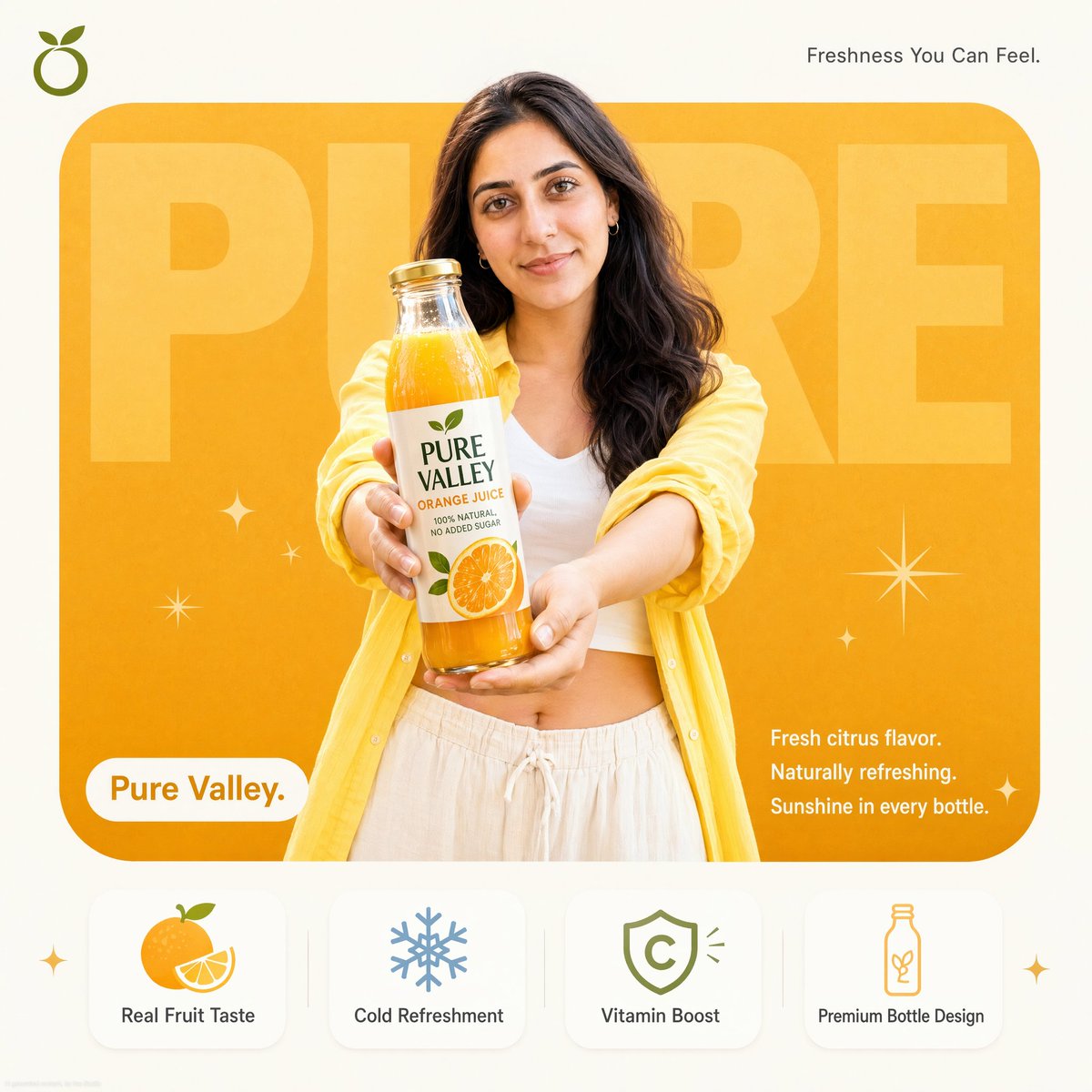 "Pure Valley 橙汁"的专业产品广告海报。一位面带微笑的年轻棕发波浪卷发女性，身穿黄色敞口衬衫搭配白色短款上衣和米白/奶油色阔腿裤，双手向前伸展，将一瓶透明玻璃瓶装的橙汁举向镜头。瓶...