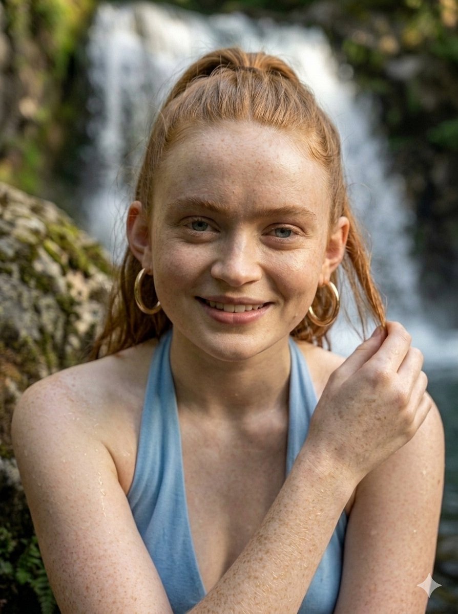 一幅引人入胜的肖像：一位年轻女子拥有如火般的铜色头发，束成光滑的马尾，优雅地倚靠在一块覆满苔藓的崎岖岩石上。她肌肤上点缀着的精致雀斑和细微的水光，在柔和、漫射的自然阳光下熠熠生辉，衬托出她的自...