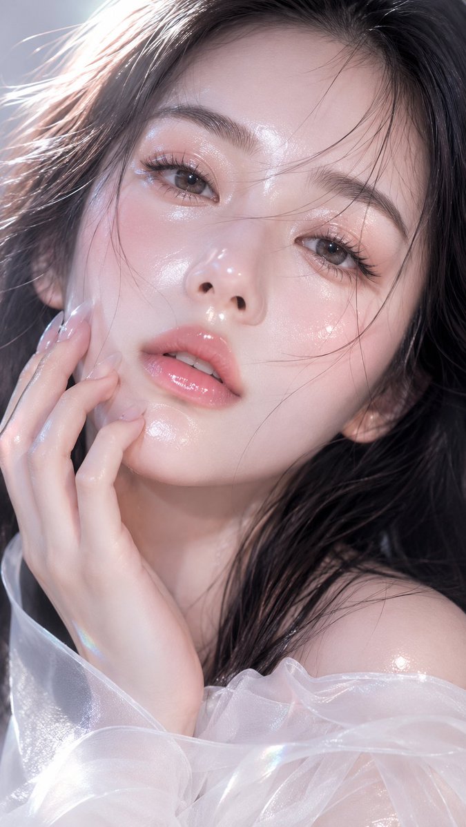编辑这张参考图片，不要改变脸部。竖版人像 9:16，8K 高清超近景美人像，呈现水晶晨露肌概念，皮肤看起来如透明水晶般带有晨露光泽。柔和光线轻柔地反射在皮肤表面，营造出细微的棱镜般效果，传递纯...