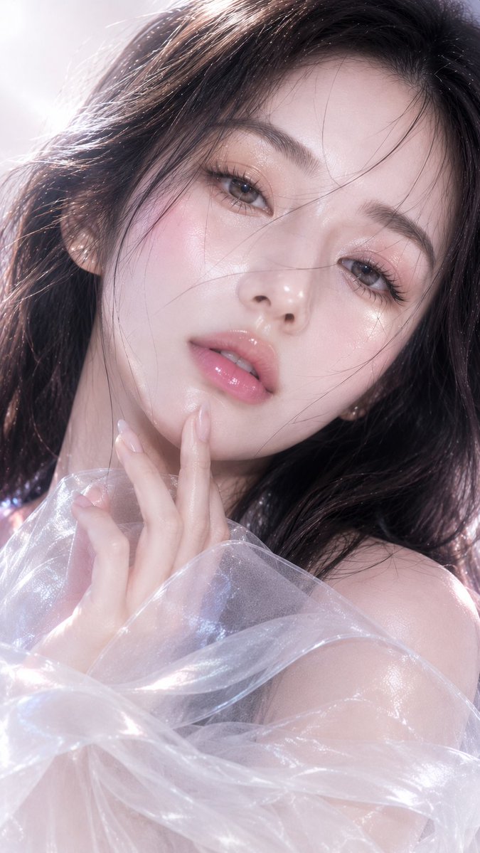 编辑这张参考图片，不要改变脸部。竖版人像 9:16，8K 高清超近景美人像，呈现水晶晨露肌概念，皮肤看起来如透明水晶般带有晨露光泽。柔和光线轻柔地反射在皮肤表面，营造出细微的棱镜般效果，传递纯...