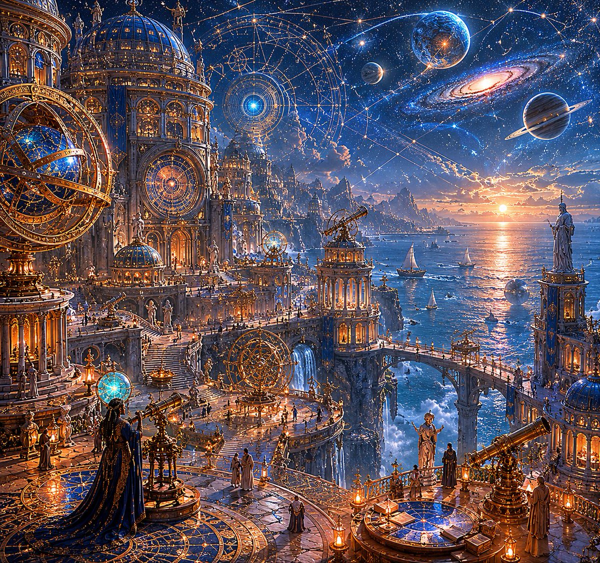 悬崖之上一座古老的观星都市,俯瞰着星罗密布的浩瀚宇宙苍穹之下那片广袤而熠熠生辉的海洋;宏伟的观象台与恢宏的古典建筑融为一体,巨型圆形图书馆与天体研究厅由高架石桥与层层露台相连;精密的黄铜天文仪...