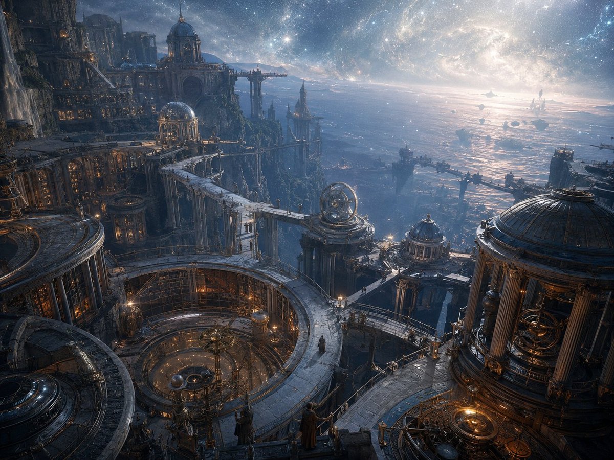 悬崖之上一座古老的观星都市,俯瞰着星罗密布的浩瀚宇宙苍穹之下那片广袤而熠熠生辉的海洋;宏伟的观象台与恢宏的古典建筑融为一体,巨型圆形图书馆与天体研究厅由高架石桥与层层露台相连;精密的黄铜天文仪...