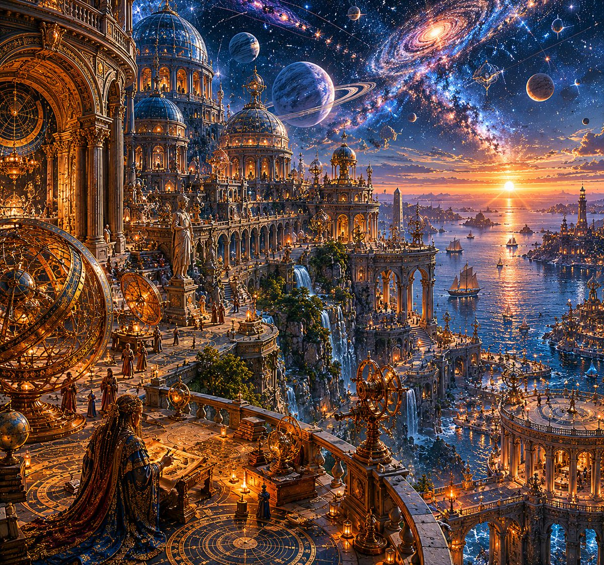 悬崖之上一座古老的观星都市,俯瞰着星罗密布的浩瀚宇宙苍穹之下那片广袤而熠熠生辉的海洋;宏伟的观象台与恢宏的古典建筑融为一体,巨型圆形图书馆与天体研究厅由高架石桥与层层露台相连;精密的黄铜天文仪...