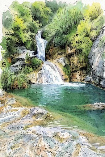 一幅宁静的水彩与水墨插画，描绘一处隐秘的热带绿洲，画面中一道多层瀑布从长满苔藓的崎岖岩崖倾泻而下，汇入一汪清澈静谧的湖水。瀑布之水从飞溅翻腾的亮...