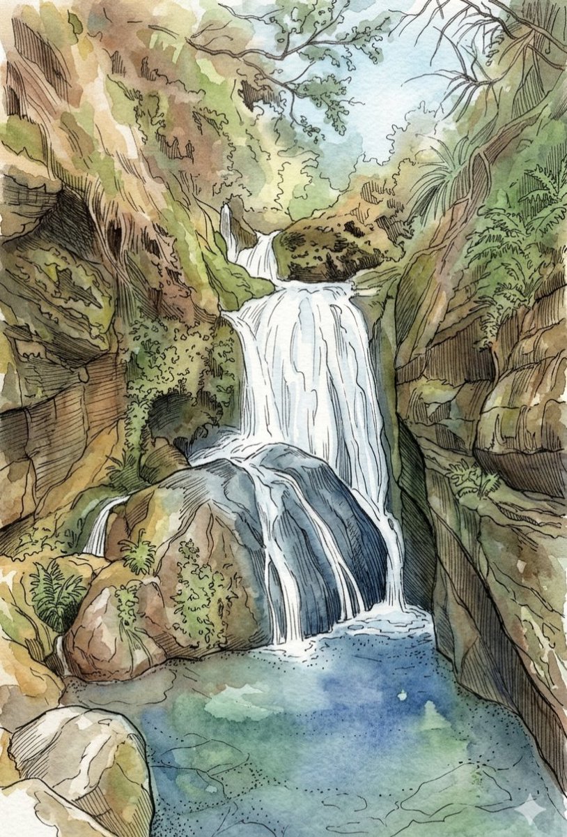 一幅宁静的水彩与水墨插画，描绘一处隐秘的热带绿洲，画面中一道多层瀑布从长满苔藓的崎岖岩崖倾泻而下，汇入一汪清澈静谧的湖水。瀑布之水从飞溅翻腾的亮白泡沫，平滑过渡为底部深邃而平静的青绿与翠绿色水...