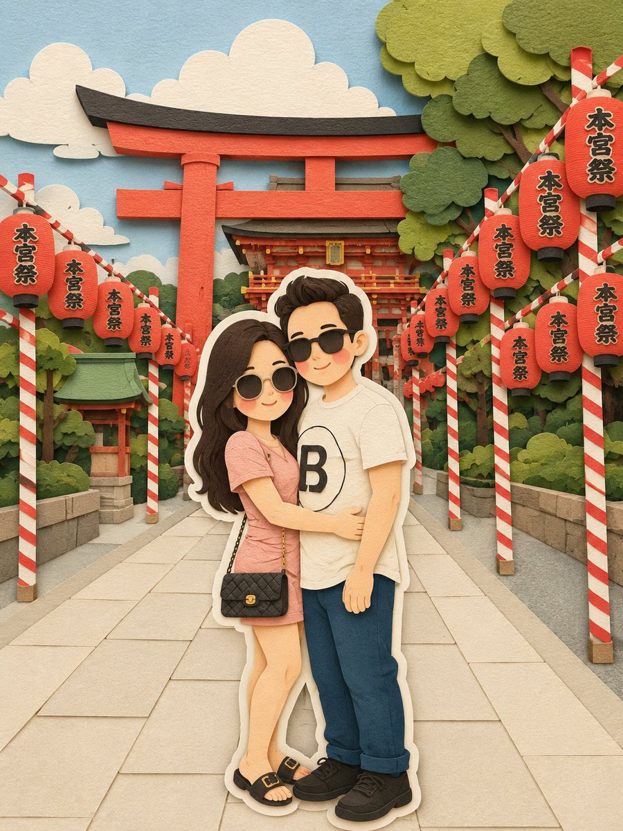 将这张图片转换为柔和的、手工制作的剪纸分层插画风格，灵感来自纸艺立体场景的美感。使用平滑圆润的形状、简化可爱的角色比例，以及极简的面部细节（圆点眼睛、腮红脸颊），营造温暖迷人的外观。应用堆叠的...