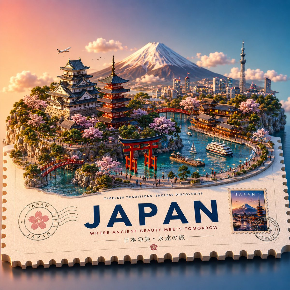 创建一个高端风格化的3D等距旅游海报，以[地点名称]为设计主题，呈现为一个漂浮的迷你世界，放置在一个带有齿孔边缘的大型票券、明信片或邮票平台之上。 自动包含与该地点相关的最具标志性的海岸地标、...