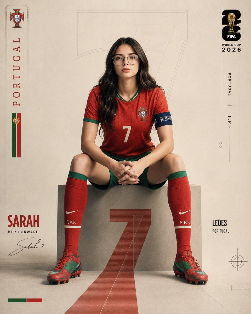 设计一张超写实的 FIFA 2026 足球海报，灵感来自高端体育编辑摄影和极简风格的世界杯品牌视觉。 在一个干净的摄影棚风格环境中，创建一个居中构图的足球运动员，自信地坐在一个几何块上。球员面...