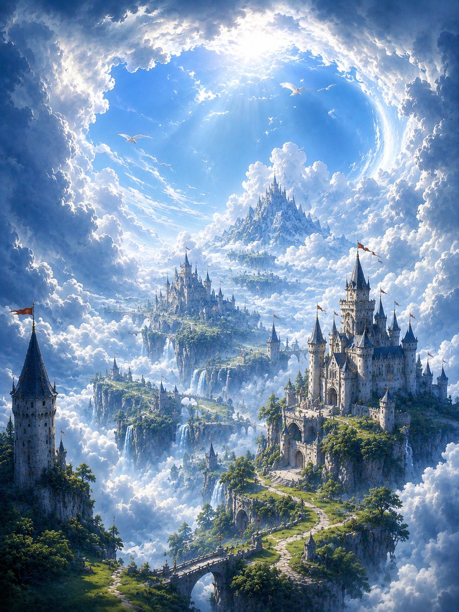 史诗级竖版奇幻壁纸，云层中巨大而明亮的裂隙，蔚蓝晴空，戏剧性的阳光光束，广阔的空中景观，云海之上漂浮的悬崖上点缀着几座宏伟的英式中世纪城堡，孤立...