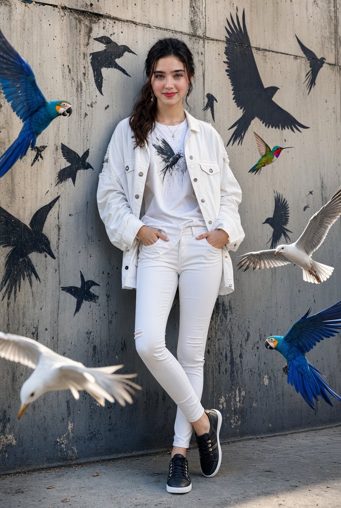 一幅时尚电影感人像肖像：一位自信的年轻女子随意倚靠在一面有质感的城市混凝土墙上，周围环绕着色彩鲜艳的飞翔鸟类，包括蓝色金刚鹦鹉、白色海鸥和一只色彩斑斓的蜂鸟。墙上绘有黑色涂鸦风格的鸟类剪影，营...