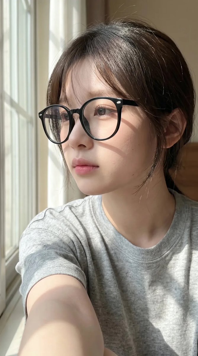 超写实抓拍式智能手机自拍照肖像：一位年轻东亚女性室内坐在一扇大窗户旁，处于明亮的自然日光下。保持与上传的面部参考高度相似的面部特征：柔和的椭圆形脸型、纤细的下颌线、自然偏窄的鼻梁、轮廓轻柔的嘴...