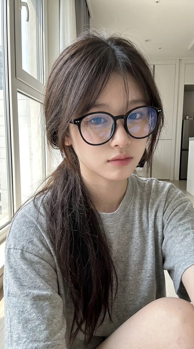 超写实抓拍式智能手机自拍照肖像：一位年轻东亚女性室内坐在一扇大窗户旁，处于明亮的自然日光下。保持与上传的面部参考高度相似的面部特征：柔和的椭圆形脸型、纤细的下颌线、自然偏窄的鼻梁、轮廓轻柔的嘴...