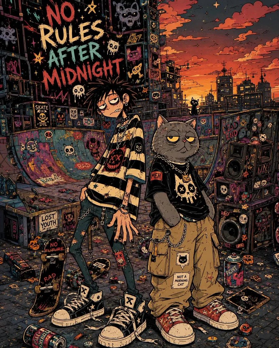 混乱的独立漫画风格插画，[HUMAN]（人类）与[ANTHROPOMORPHIC ANIMAL]（拟人化动物）身处[BACKGROUND SCENERY]（背景场景）之中，夸张的肢体如同面条般...