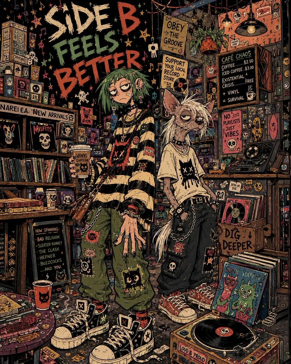 混乱的独立漫画风格插画，[HUMAN]（人类）与[ANTHROPOMORPHIC ANIMAL]（拟人化动物）身处[BACKGROUND SCENERY]（背景场景）之中，夸张的肢体如同面条般...