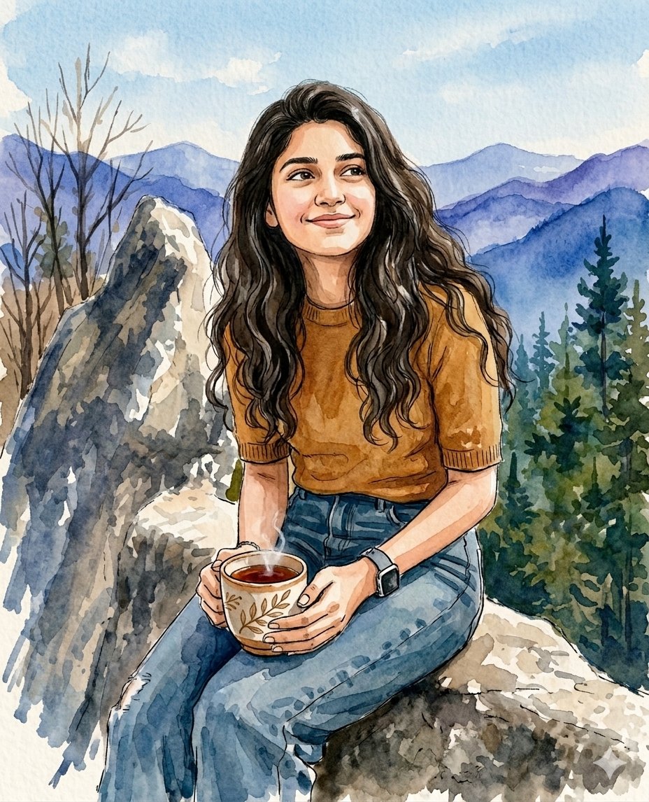 一幅美丽的水彩画，画中是一位年轻的女子，她有一头长长的、波浪状的深色头发，面带温暖的微笑，正在大自然中享受宁静的时刻。她穿着一件舒适的芥末黄色短袖针织毛衣和经典的蓝色高腰牛仔裤。背景是令人叹为...