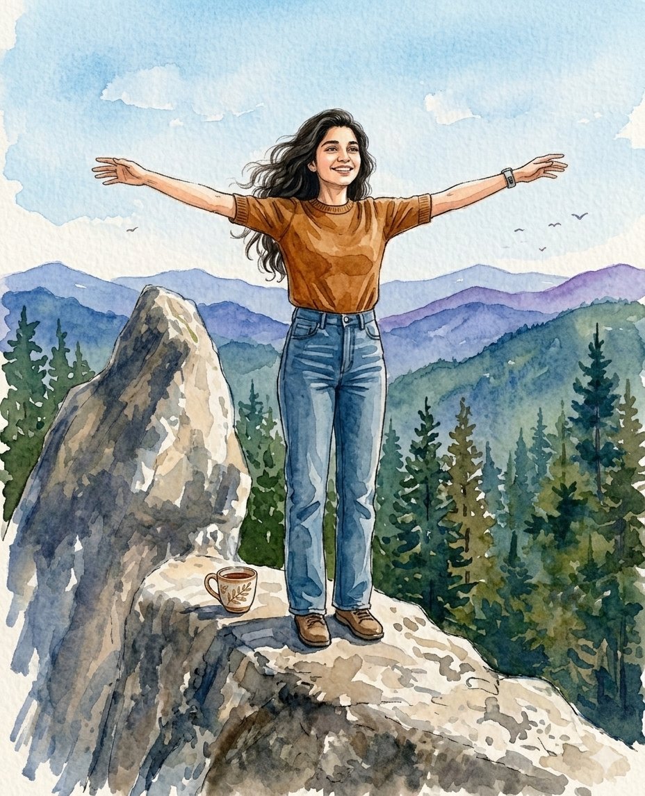一幅美丽的水彩画，画中是一位年轻的女子，她有一头长长的、波浪状的深色头发，面带温暖的微笑，正在大自然中享受宁静的时刻。她穿着一件舒适的芥末黄色短袖针织毛衣和经典的蓝色高腰牛仔裤。背景是令人叹为...