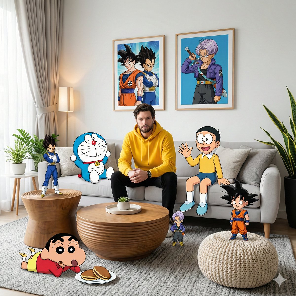 (https://t.co/CYCpuxfRxH) 一张高保真、广角的室内摄影作品，在一个现代客厅中捕捉到一个超现实的混合媒介场景。中心人物是一位面部与上传的参考照片相符的男子，他身穿亮黄色连...
