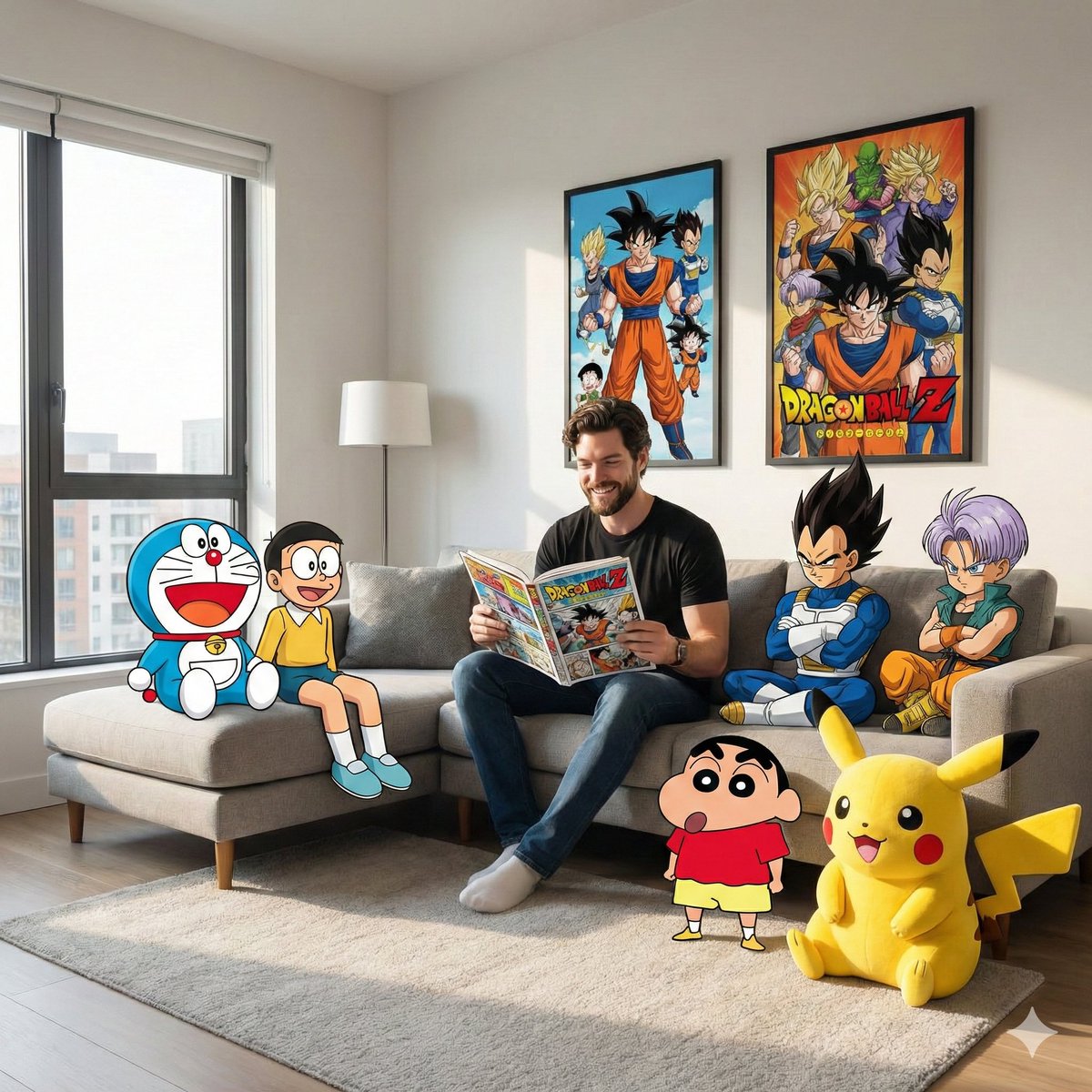 (https://t.co/CYCpuxfRxH) 一张高保真、广角的室内摄影作品，在一个现代客厅中捕捉到一个超现实的混合媒介场景。中心人物是一位面部与上传的参考照片相符的男子，他身穿亮黄色连...