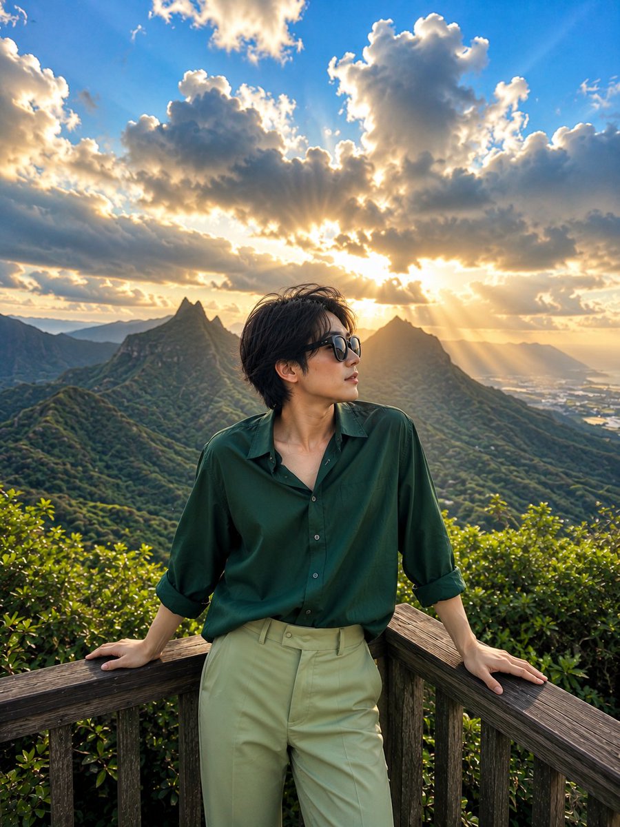 一部电影感的旅行摄影人像作品：一位魅力十足的日本女性伫立于山间木制观景台,俯瞰苍翠欲滴的翡翠山谷与壮丽的尖峰山脉,头顶是令人屏息的壮阔天空。画面拍摄于黄金时刻,强烈的阳光穿透大片蓬松云层,洒下...