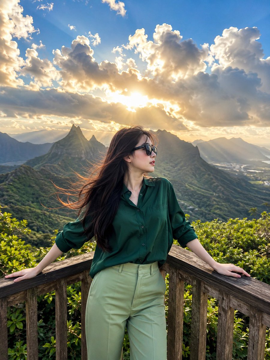 一部电影感的旅行摄影人像作品：一位魅力十足的日本女性伫立于山间木制观景台,俯瞰苍翠欲滴的翡翠山谷与壮丽的尖峰山脉,头顶是令人屏息的壮阔天空。画面拍摄于黄金时刻,强烈的阳光穿透大片蓬松云层,洒下...