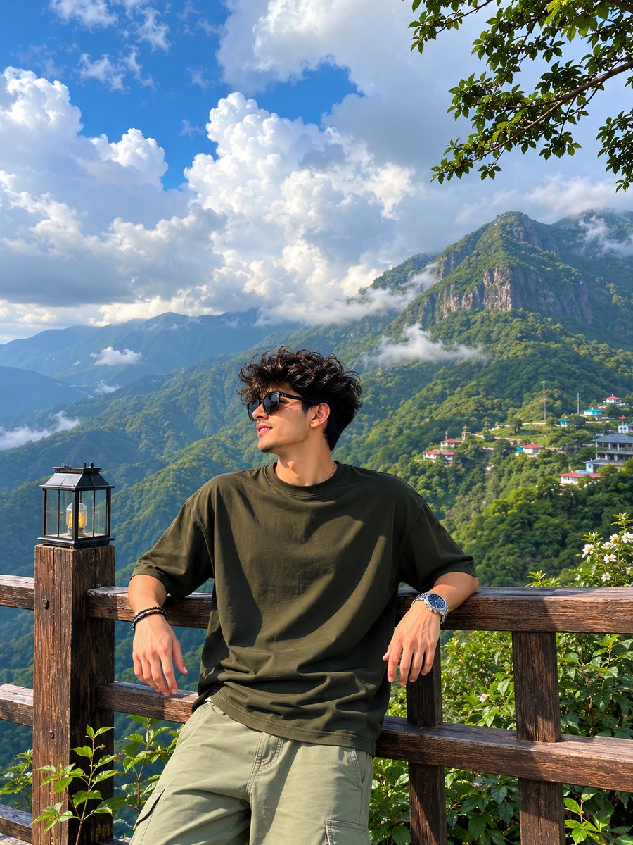 电影感十足的旅行摄影人像：一位年轻女性站在木制山间观景台上，俯瞰苍翠欲滴的翡翠色山谷与壮丽的尖峰山脉，天空令人叹为观止。画面在黄金时段拍摄，强烈的阳光穿透大团蓬松云层，在整个景观中形成耀眼的光...