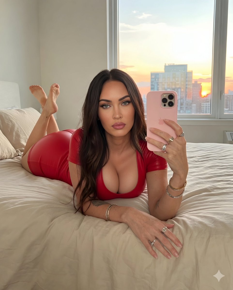 来自 image_0.png 的年轻金发女子,以完全相同的姿势趴在那张米色床上,手持粉色 iPhone 进行镜面自拍。她穿着同一件前胸有镂空设计的粉色连体衣。她身后可以看到她光着的脚底。, 自...